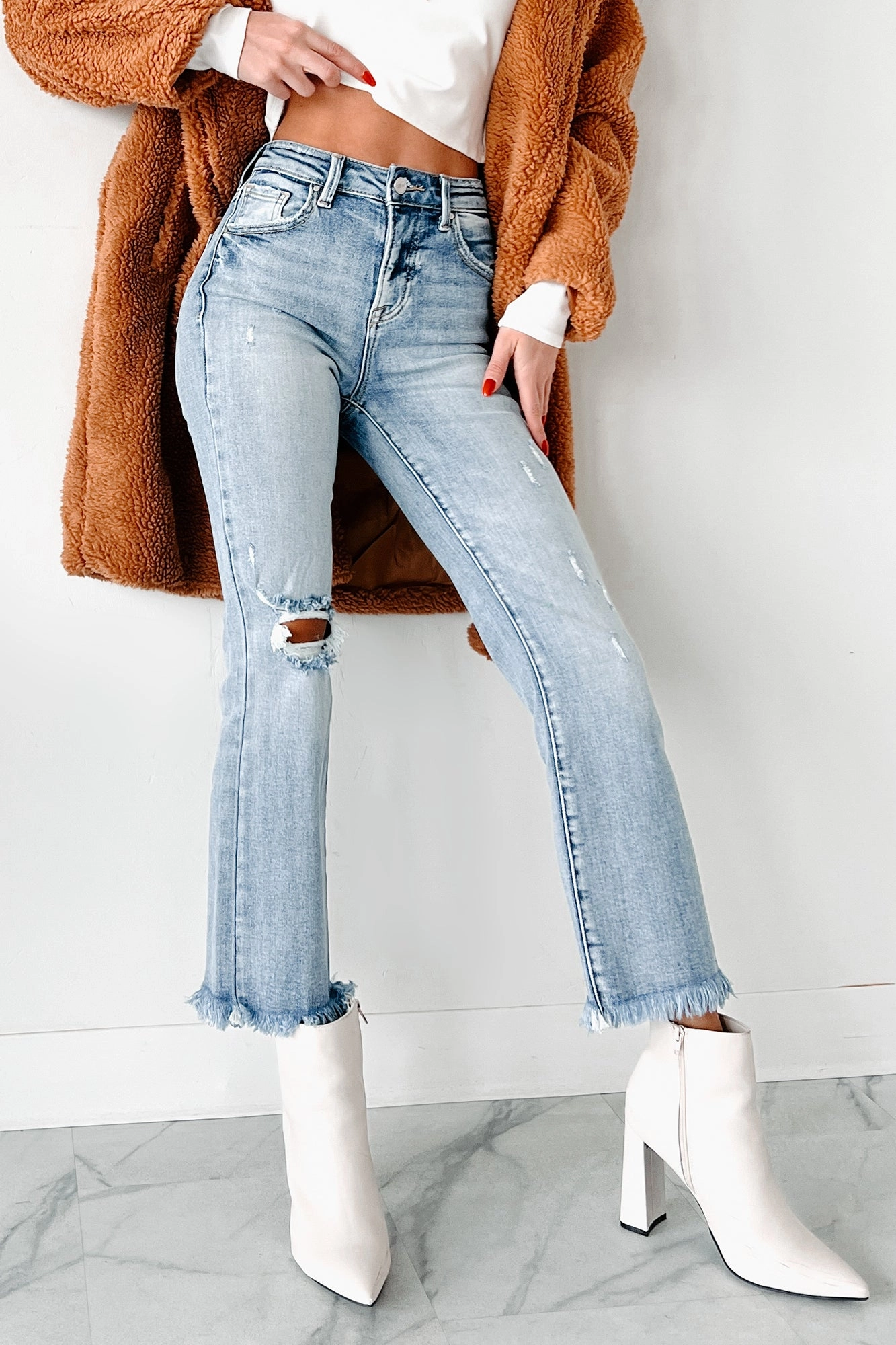 Eloise High Rise Distressed Crop Flare Risen Jeans (Medium) Sport Performance Design