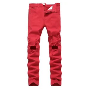 Streetwear Men's Ripped Jeans Elasticity Mid Waist Jeans Straight Pants