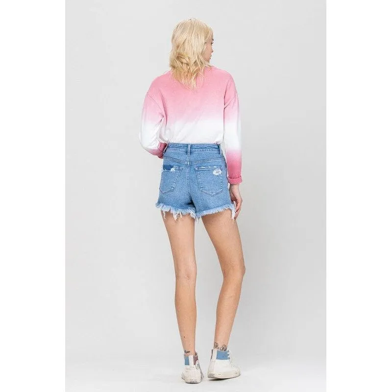 Stretch mom jeans shorts w fray hem