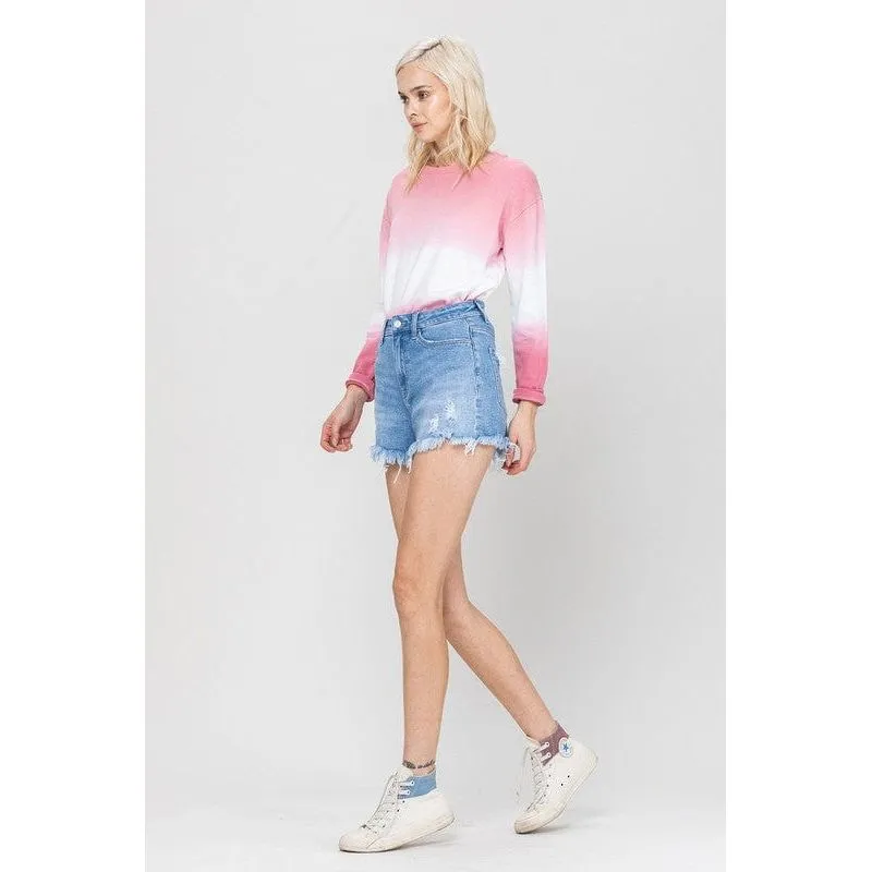 Stretch mom jeans shorts w fray hem