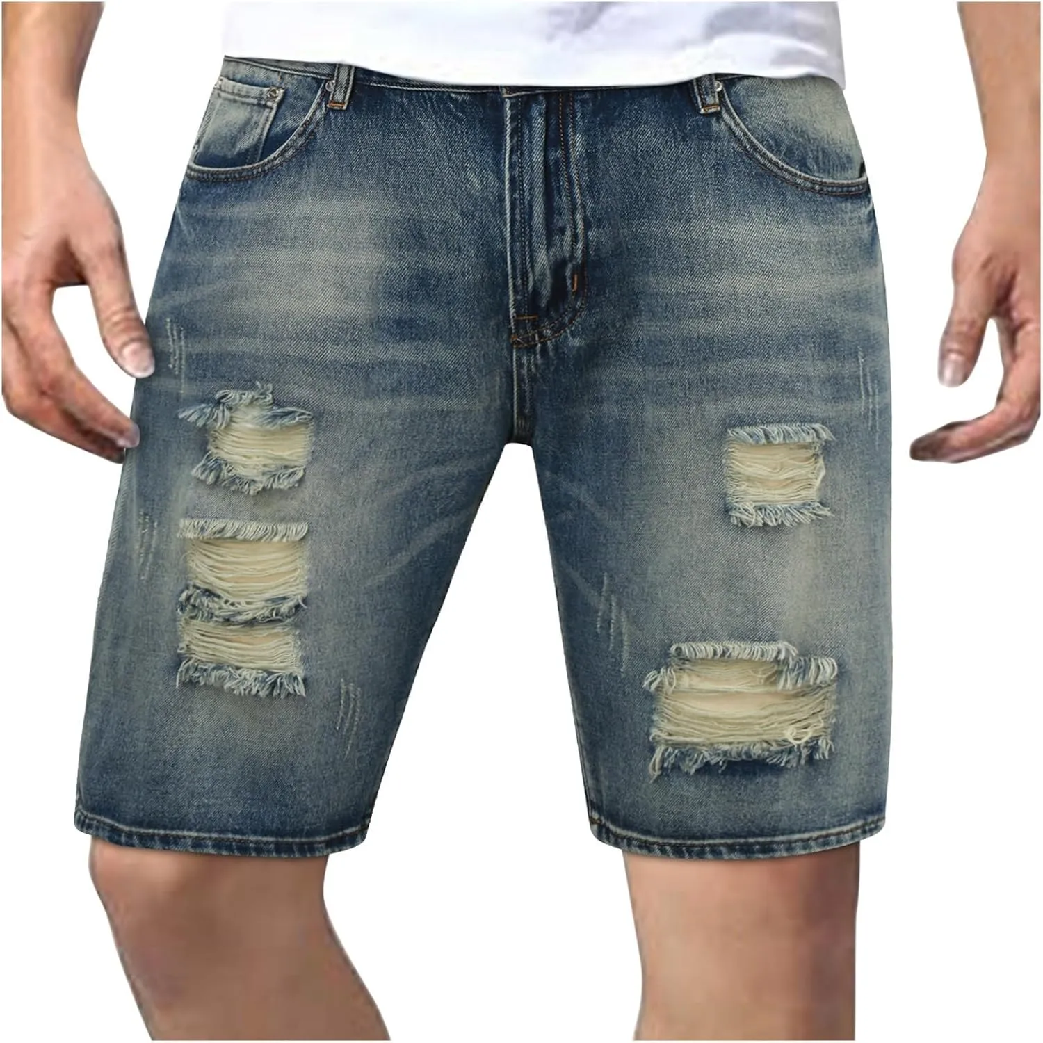 Stretch Ripped Jean Shorts Men Classic Loose Fit Casual Denim Shorts Loose Fit Zip Up Strethc Summer Jorts with Pockets