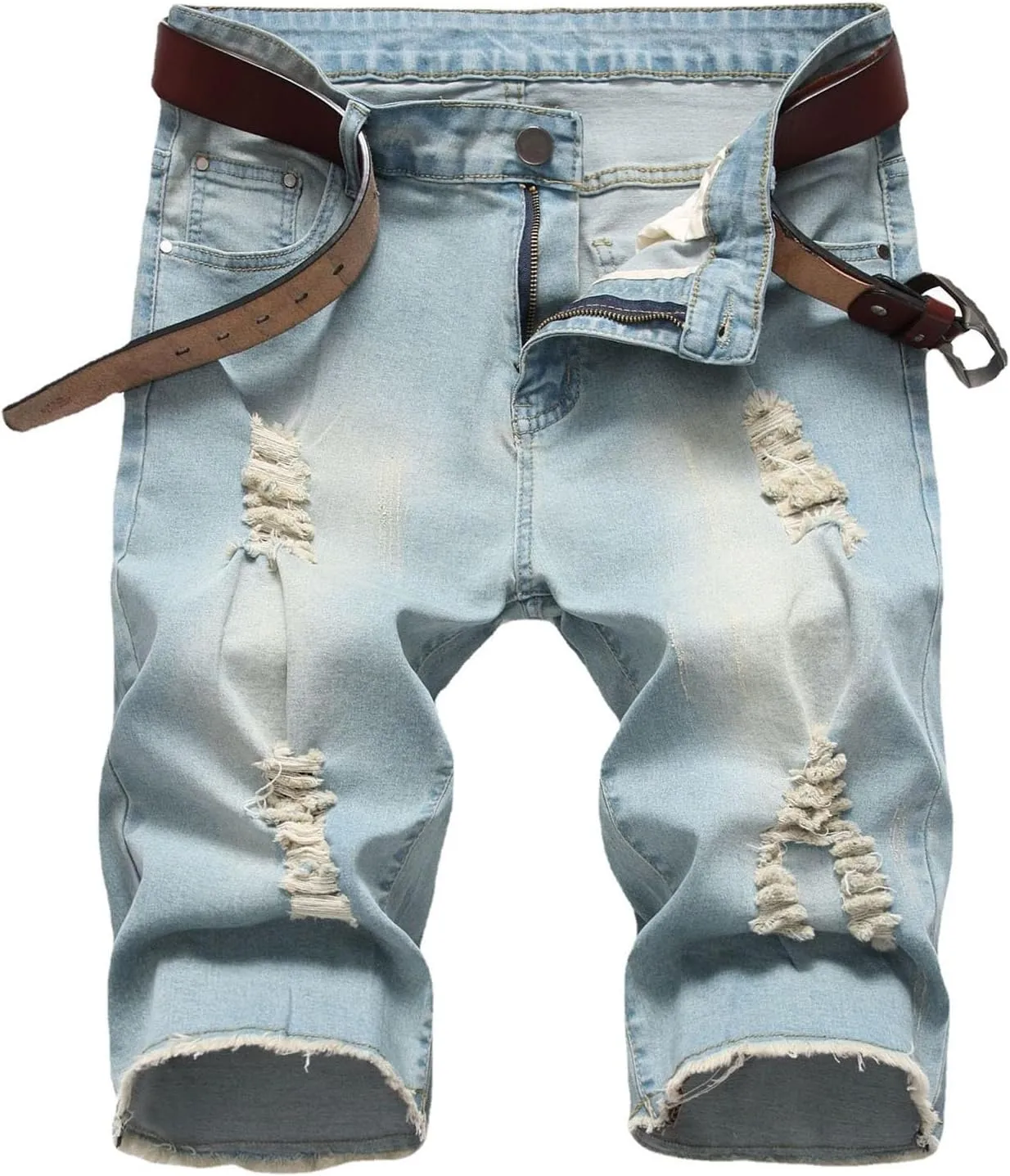 Stretch Ripped Jean Shorts Men Classic Loose Fit Casual Denim Shorts Loose Fit Zip Up Strethc Summer Jorts with Pockets