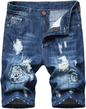 Stretch Ripped Jean Shorts Men Classic Loose Fit Casual Denim Shorts Loose Fit Zip Up Strethc Summer Jorts with Pockets