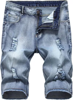 Stretch Ripped Jean Shorts Men Classic Loose Fit Casual Denim Shorts Loose Fit Zip Up Strethc Summer Jorts with Pockets