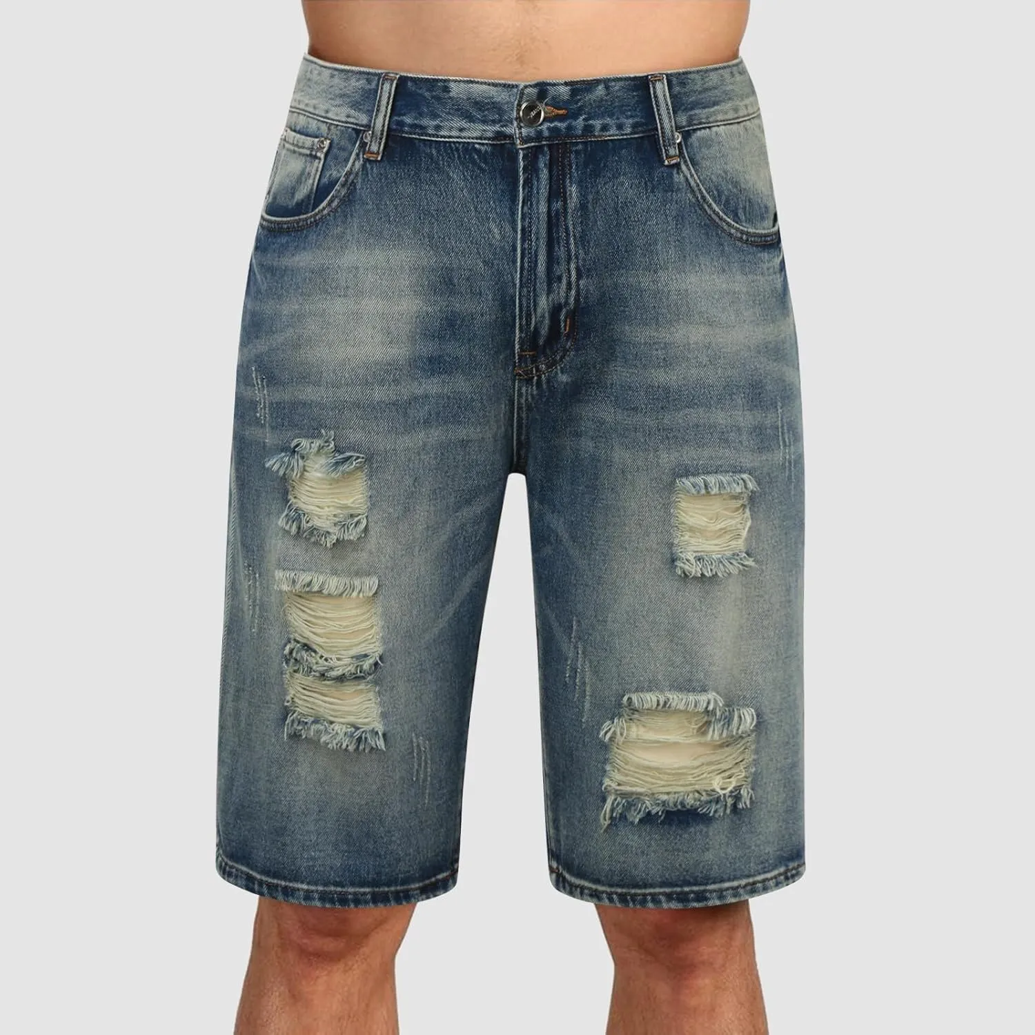 Stretch Ripped Jean Shorts Men Classic Loose Fit Casual Denim Shorts Loose Fit Zip Up Strethc Summer Jorts with Pockets