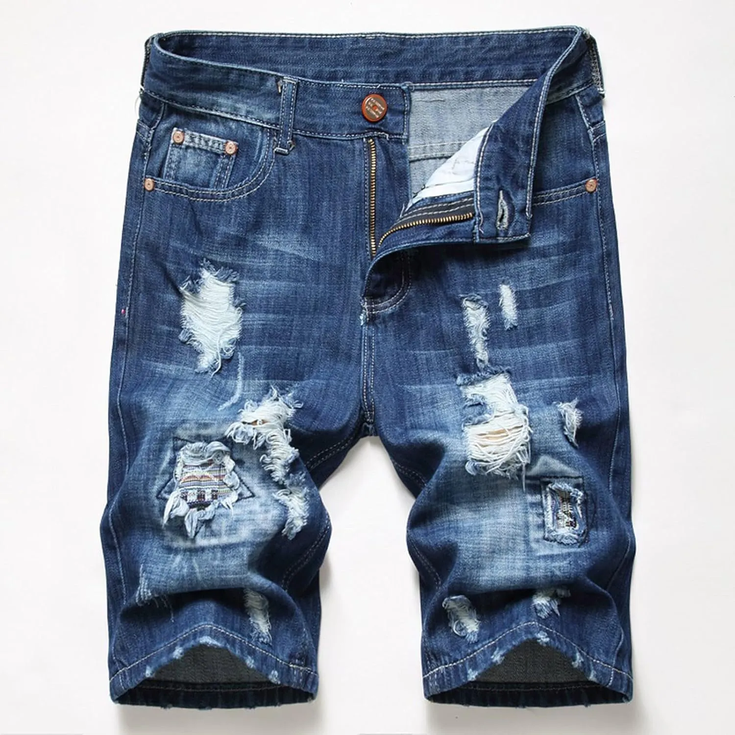 Stretch Ripped Jean Shorts Men Classic Loose Fit Casual Denim Shorts Loose Fit Zip Up Strethc Summer Jorts with Pockets