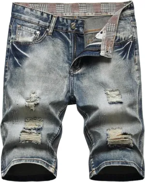 Stretch Ripped Jean Shorts Men Classic Loose Fit Casual Denim Shorts Loose Fit Zip Up Strethc Summer Jorts with Pockets