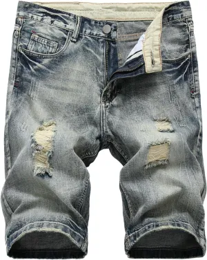 Stretch Ripped Jean Shorts Men Classic Loose Fit Casual Denim Shorts Loose Fit Zip Up Strethc Summer Jorts with Pockets