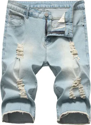Stretch Ripped Jean Shorts Men Classic Loose Fit Casual Denim Shorts Loose Fit Zip Up Strethc Summer Jorts with Pockets
