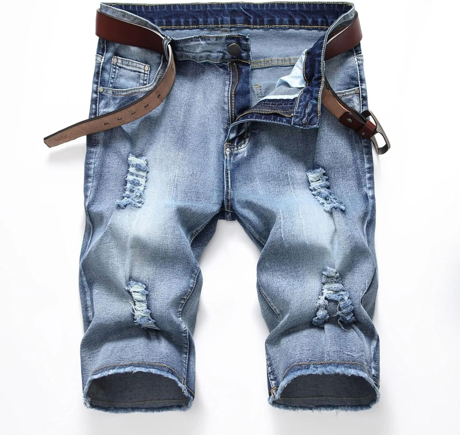 Stretch Ripped Jean Shorts Men Classic Loose Fit Casual Denim Shorts Loose Fit Zip Up Strethc Summer Jorts with Pockets