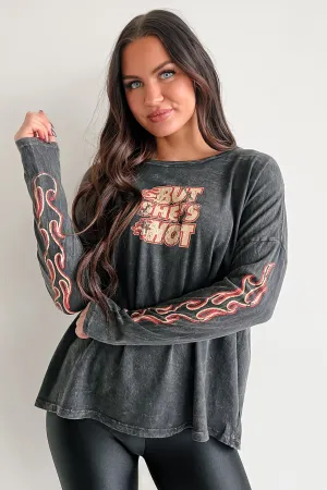 "But She's Hot" Mineral Wash Graphic Long Sleeve Top (Charcoal) MinimalistStyle Hidden Zipper
