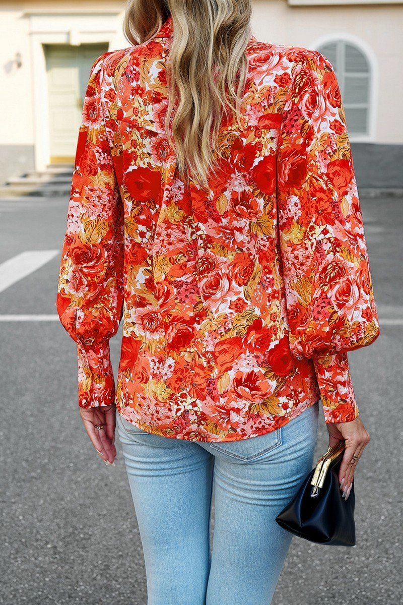FLORAL PRINTING BUTTON UP FITTED CUFF BLOUSE SoftInteriorLining