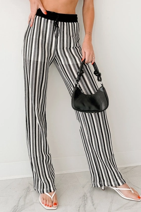 Wrinkle Resistant Finish Easy Fit Design Yours To Hold Striped Crochet Pants (Black/Ivory)