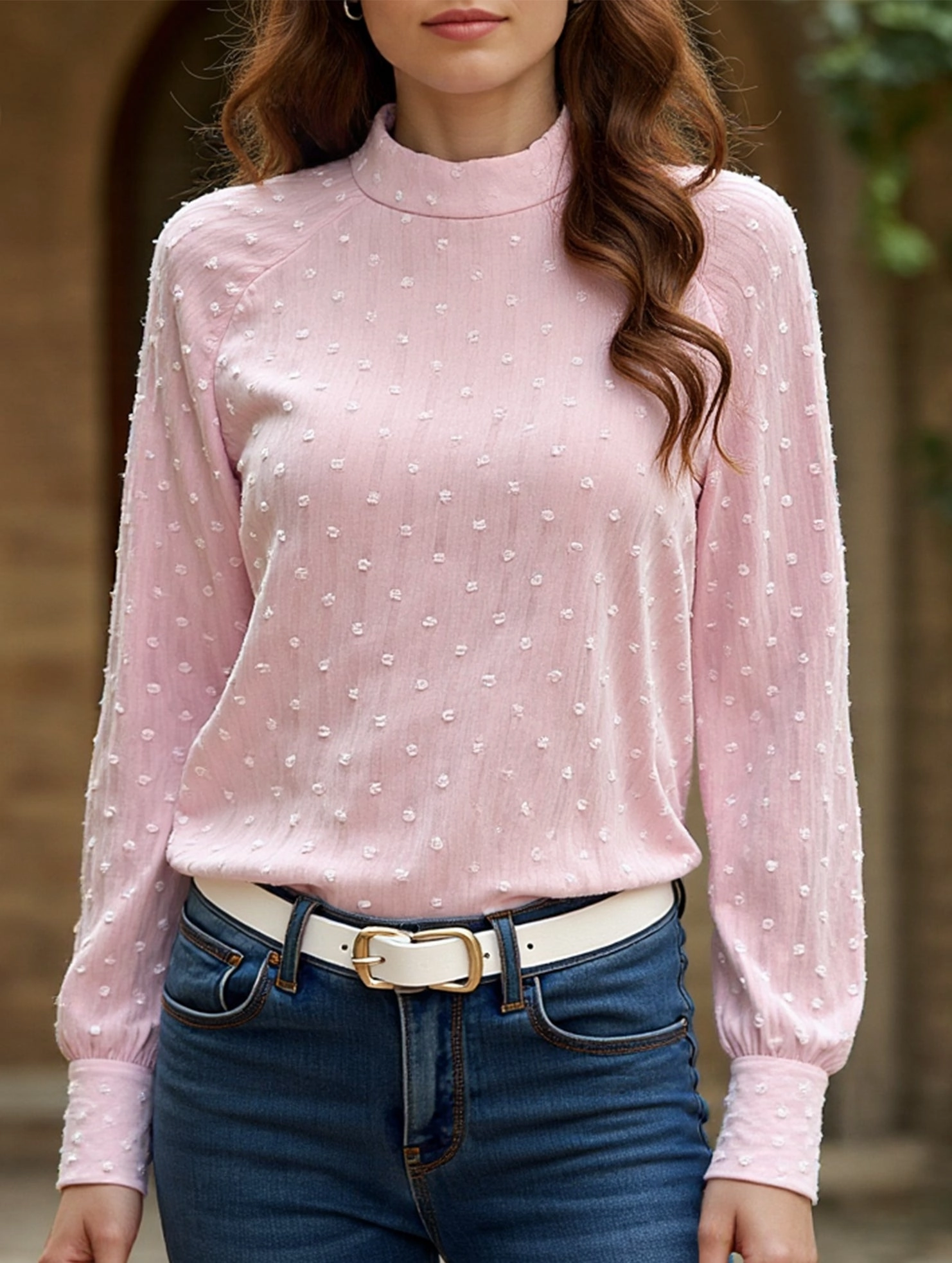 Non Irritating Seams Hypoallergenic Inner Layer Gentle Style Pink Polka Dot Long Sleeve Sheer Top