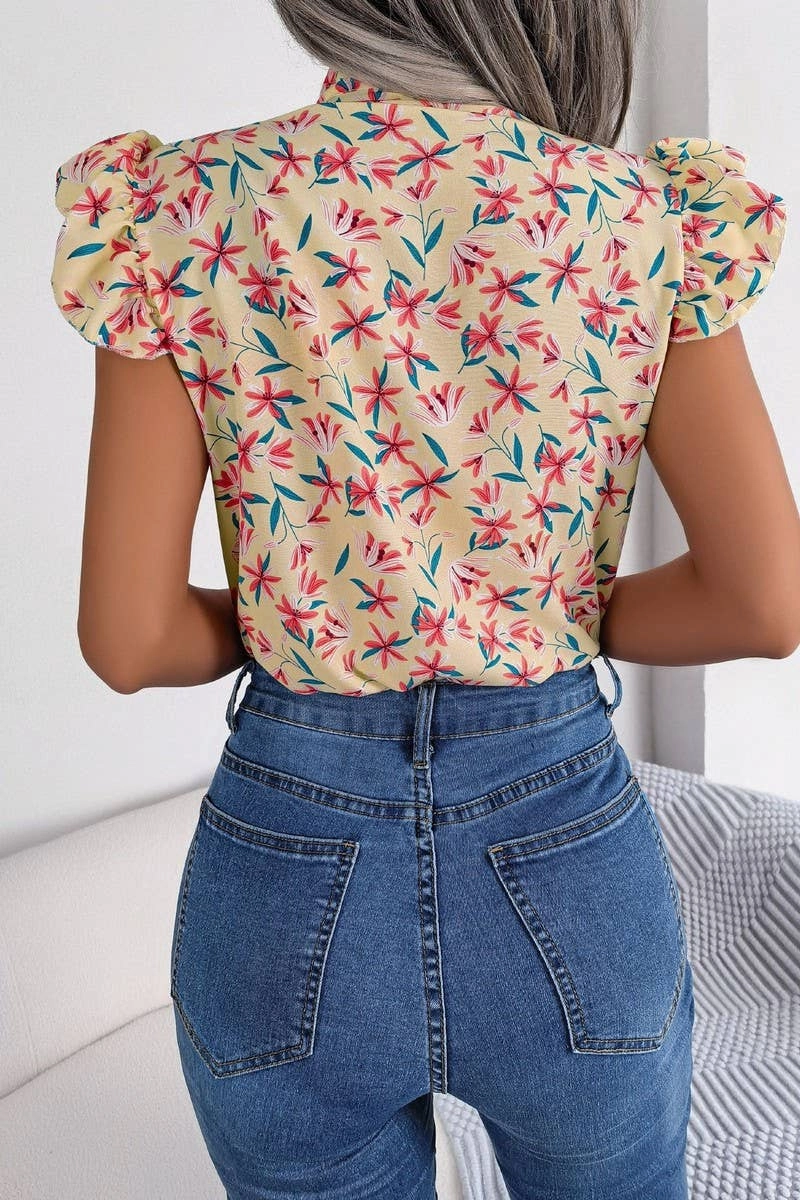 OdorResistant Fabric Contrast Stitching BROKEN FLOWERS WOOD EAR LACE BOW CHIFFON SHIRT_CWTSTSL0036