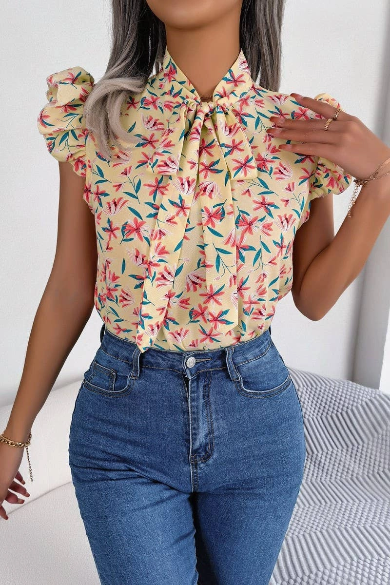 BROKEN FLOWERS WOOD EAR LACE BOW CHIFFON SHIRT_CWTSTSL0036 LightweightMaterial