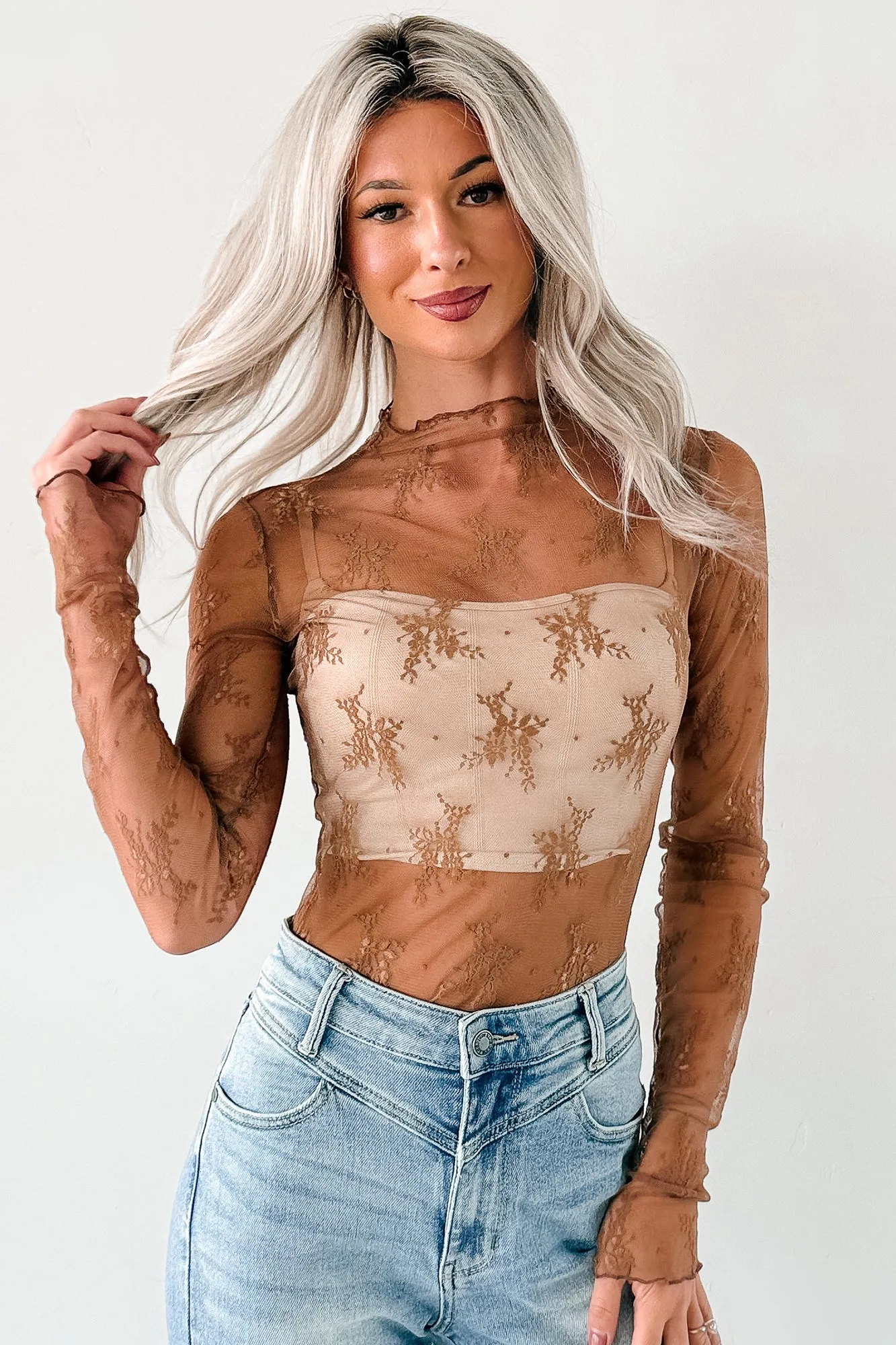Adjustable Hem Cuff Scoop Neck Shape Living For The Likes Lace Long Sleeve Top (Mocha)