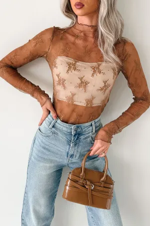 Living For The Likes Lace Long Sleeve Top (Mocha) Minimalist Silhouette Cut