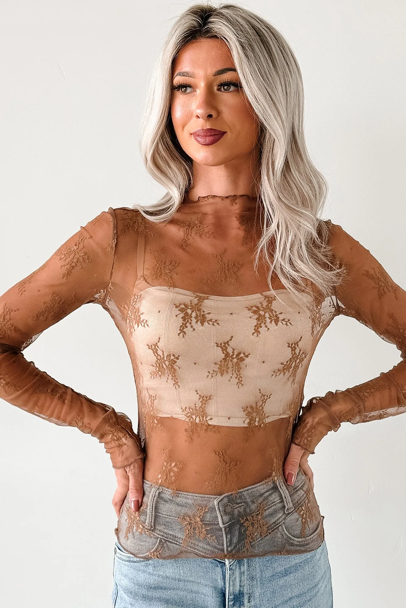 Living For The Likes Lace Long Sleeve Top (Mocha) FlexibleLayeredConstruction
