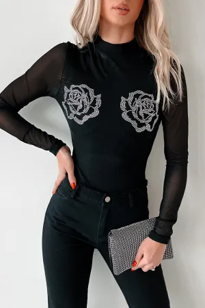 AntiStaticLining AbrasionResistant Finish Playing Hard To Forget Rhinestone Rosette Mesh Bodysuit (Black)