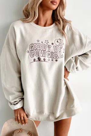 EcoCertified Textile Comfortable Style "Giddy Up Cowgirl" Embroidered Graphic Sweatshirt (Sand)