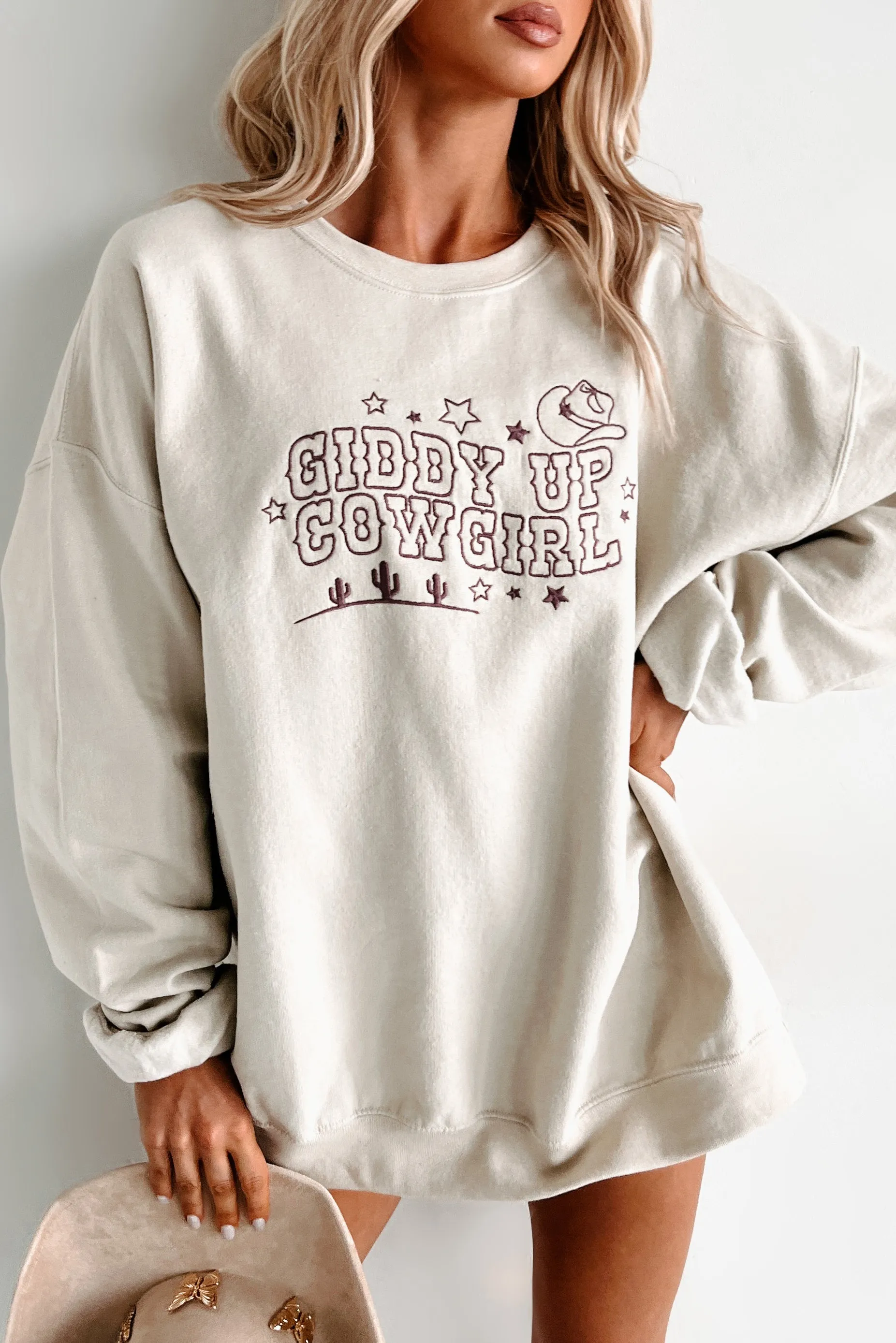 Friction Resistant Shoulder "Giddy Up Cowgirl" Embroidered Graphic Sweatshirt (Sand)