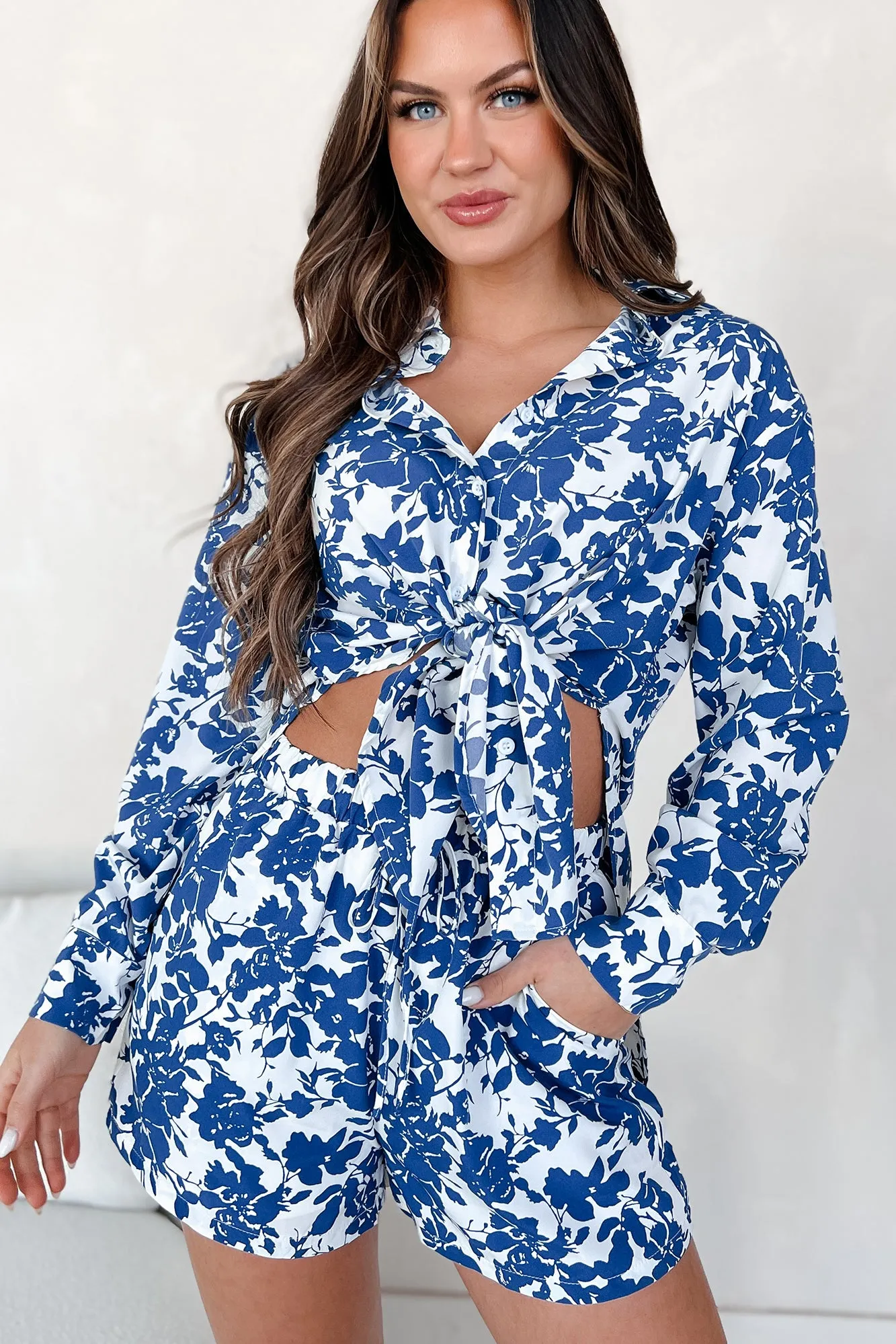 Blooming With Bliss Floral Button-Down Shirt & Shorts Set (Blue) MoistureWicking Material