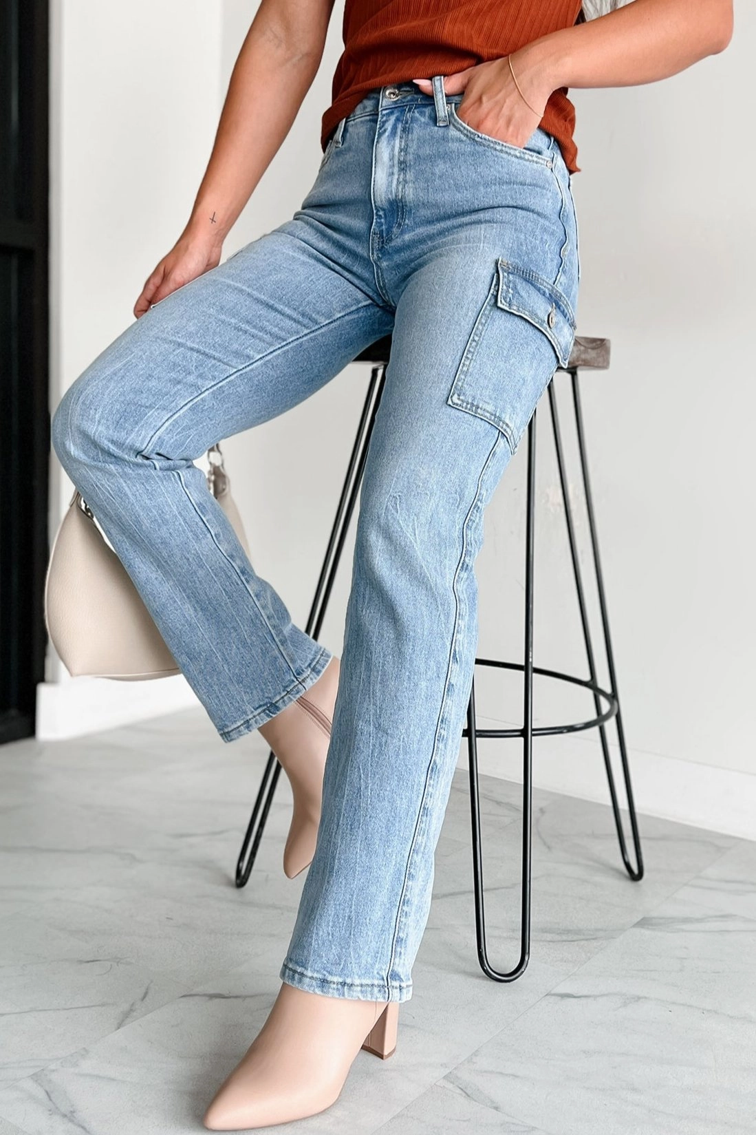 Cova High Rise Special A Cargo Jeans (Medium Dark) HiddenPockets QuickReleaseClosures