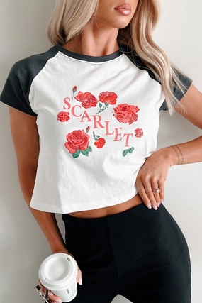 "Scarlet" Distressed Floral Graphic T-Shirt (Ivory/Charcoal) HighCollar Design Tagless Labeling