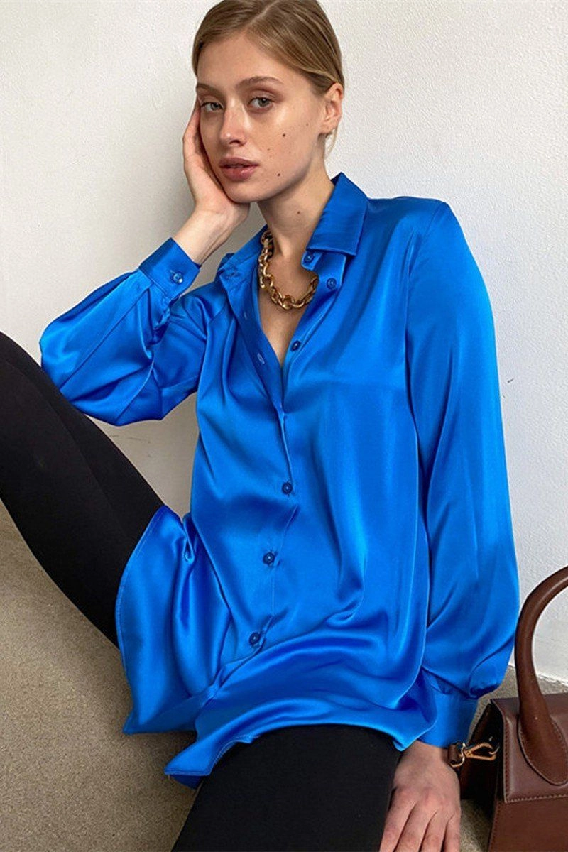 WOMEN LONG SLEEVED SATIN BUTTON UP SHIRTS Versatile Layering Piece