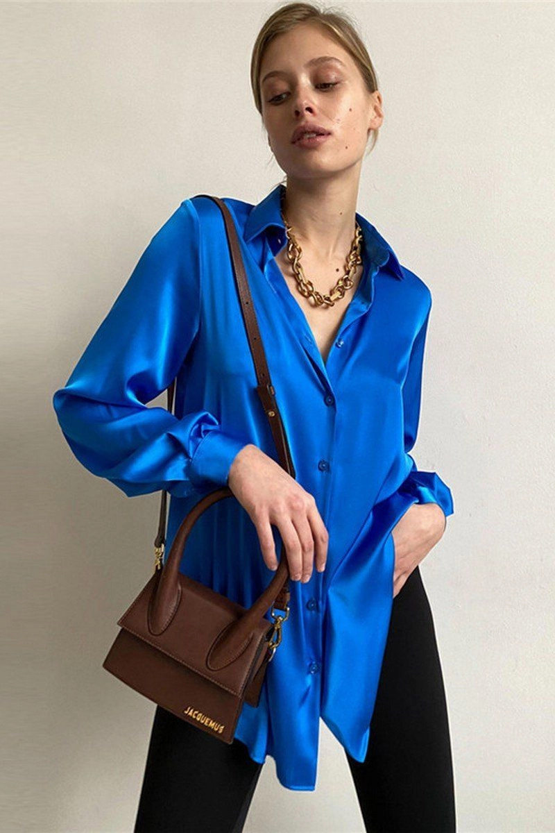 WOMEN LONG SLEEVED SATIN BUTTON UP SHIRTS Reinforced Shoulders DurableReinforcement