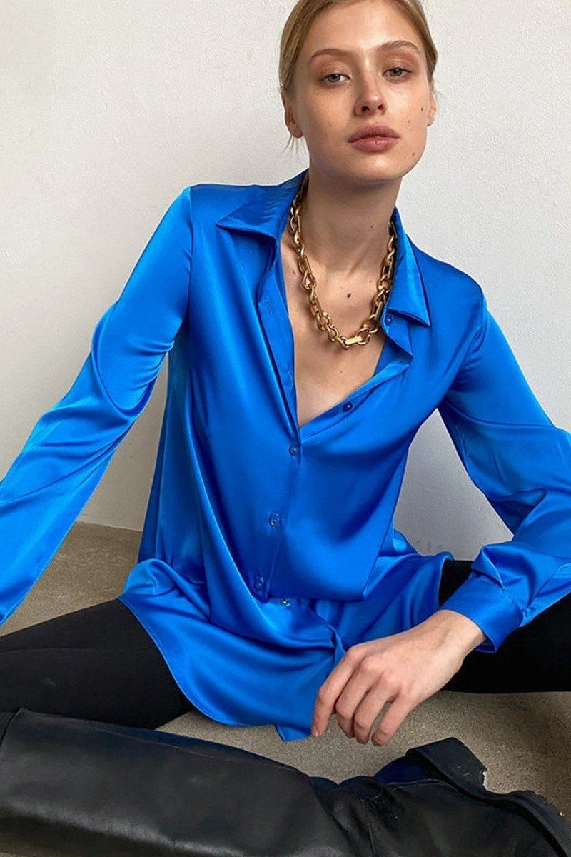 WOMEN LONG SLEEVED SATIN BUTTON UP SHIRTS Full Coverage Fit FrictionResistant Edges