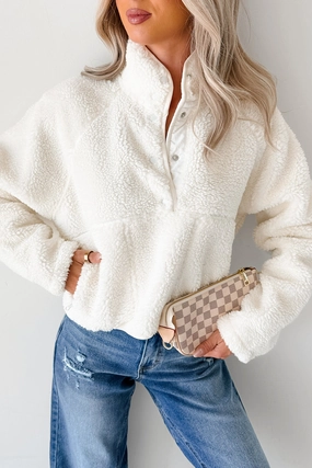 Roll Up Sleeve Design DropShoulder Daydream Hours Sherpa Half-Snap Sweater (White)