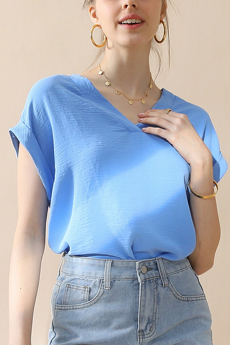 WOMENS V NECK TRIM ROLLED SHORT SLEEVE BLOUSE TOP FrictionResistant Edges