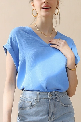 WOMENS V NECK TRIM ROLLED SHORT SLEEVE BLOUSE TOP LowProfileDesign Layered Panel Design