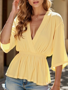 LightweightMaterial Solid Color Deep V-Neck Loose Waist Blouse ??Casual Boho Long Sleeve Top