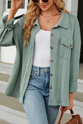 WOMEN CABLE PATTERN STITCHED BUTTON DOWN SHACKET Soft Pullover Odor Resistant Technology