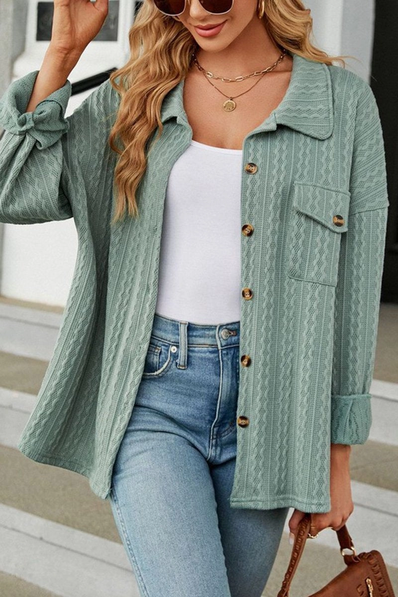 WOMEN CABLE PATTERN STITCHED BUTTON DOWN SHACKET Reflective details