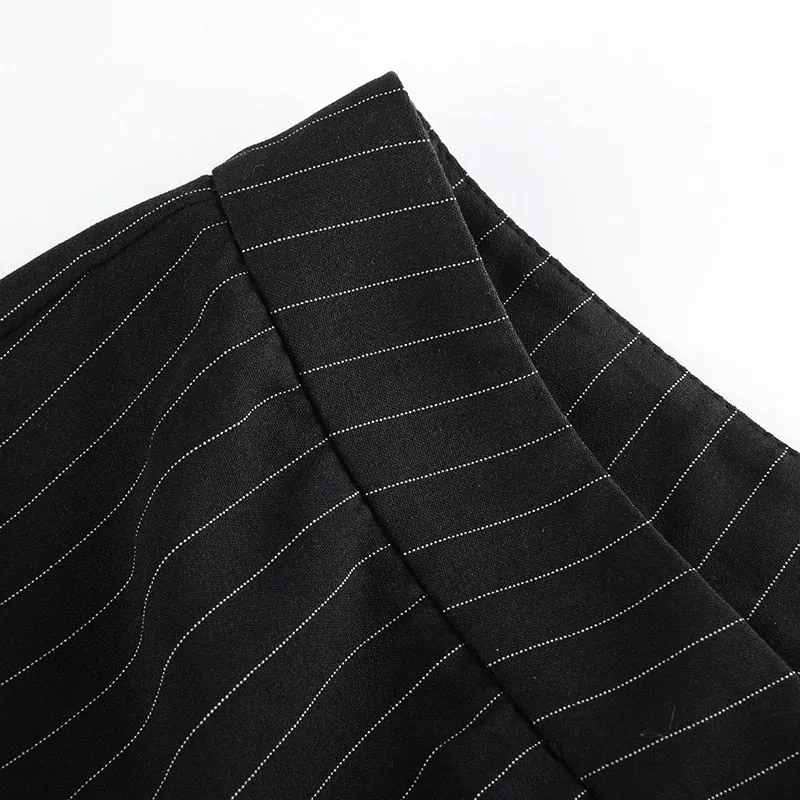 Striped Black & White High Waist Straight Trousers