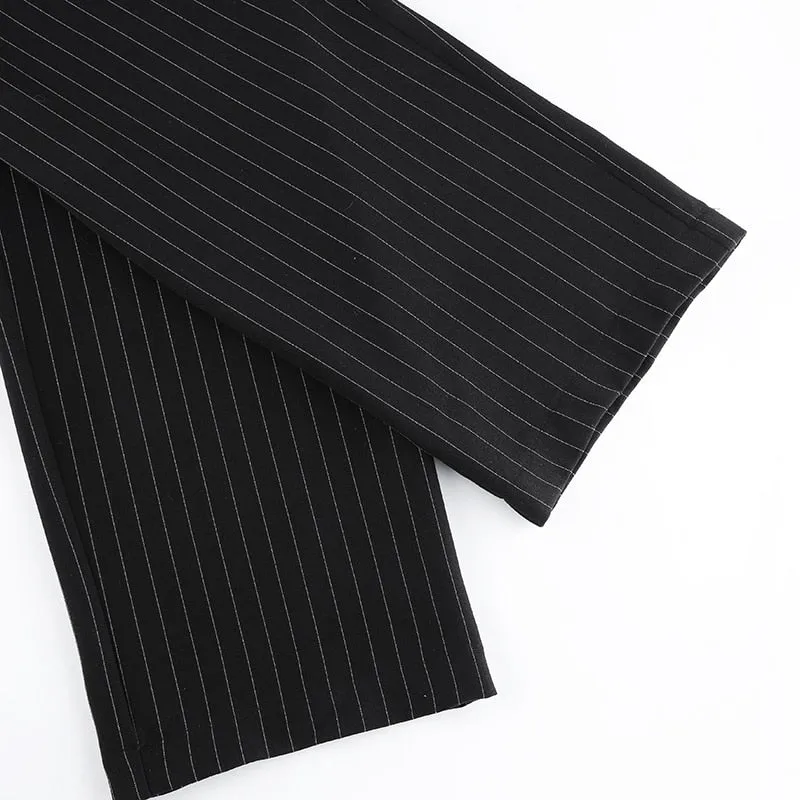 Striped Black & White High Waist Straight Trousers