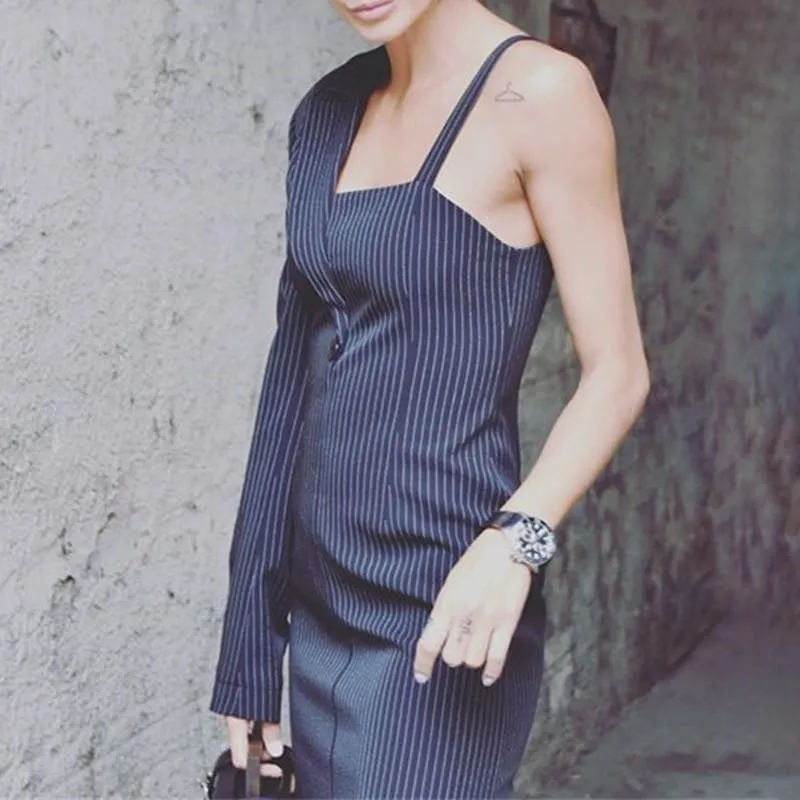 Striped One Shoulder Suspender High Waist Slim Bodycon Mini Dress