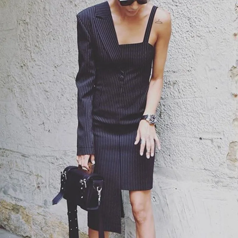 Striped One Shoulder Suspender High Waist Slim Bodycon Mini Dress