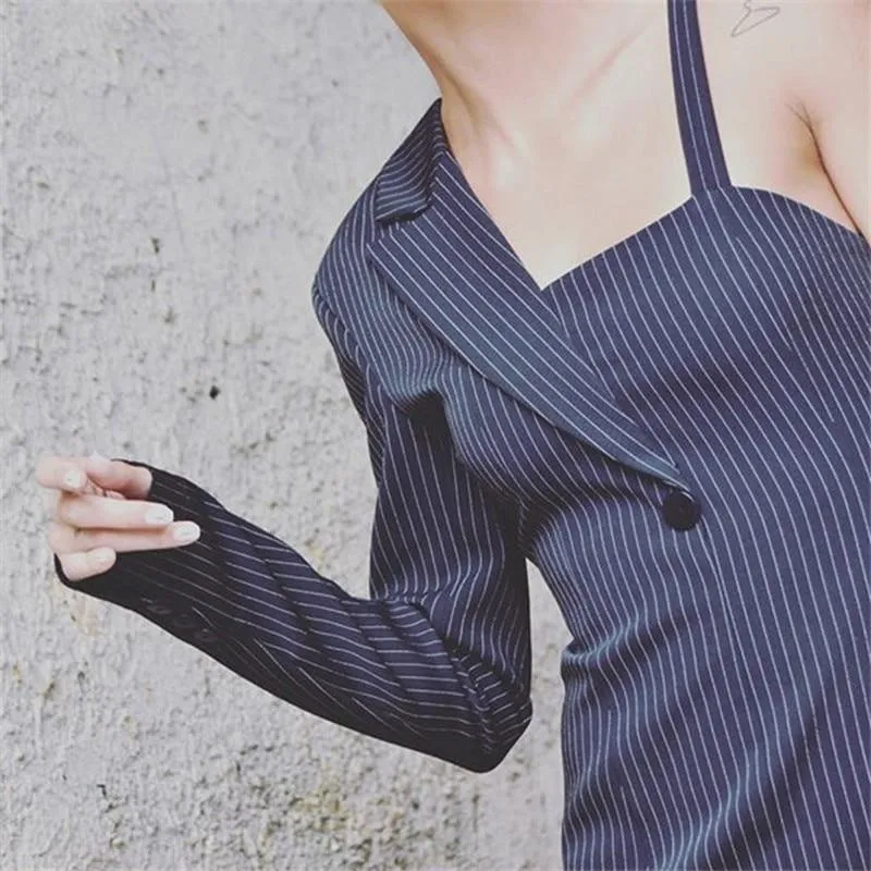 Striped One Shoulder Suspender High Waist Slim Bodycon Mini Dress