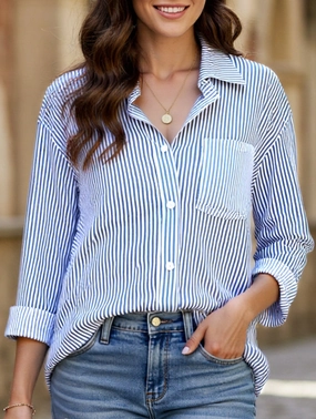 STRIPED BAGGY LAPEL LONG-SLEEVED BUTTON-UP SHIRT Zero Waste Production Label Casual Blouse