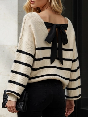 Striped contrast bow tie knit sweater Sporty Tee Variable Tension Adjustment