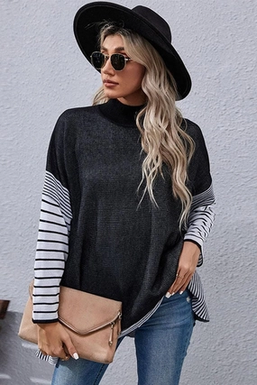 STRIPED SLEEVE HIGH NECK LOOSE FIT CASUAL SWEATER Office Attire