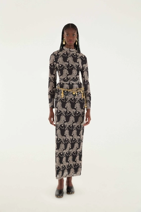 Fashion Collab Striped Tigers Tulle Midi Skirt in Black