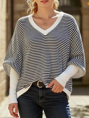 Striped V-neck batwing sleeves sweater Stretch Weave Construction Recycled Polyester Fabric
