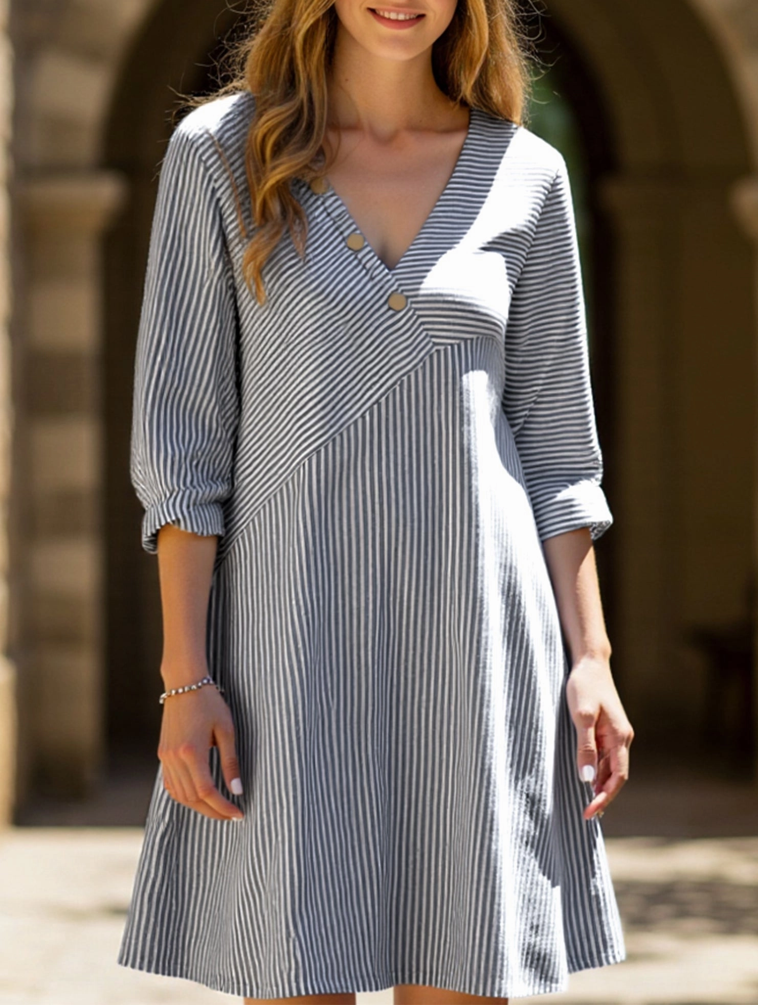 Travel Vibe Vibrant Aesthetic Striped V-neck casual dress
