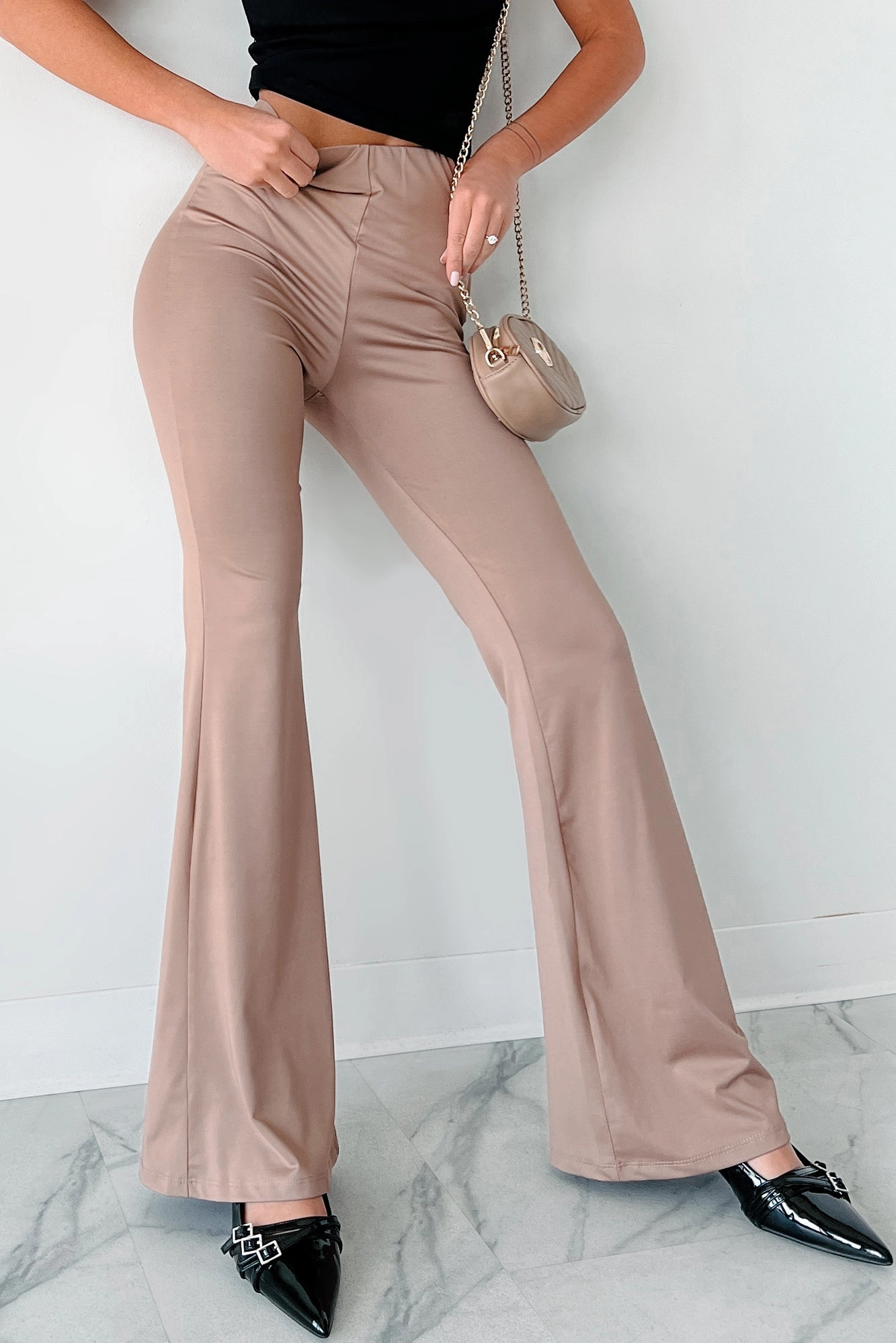 Indecisive Mood Elastic Waist Flare Pants (Mocha) Outdoor Use Adjustable drawstring